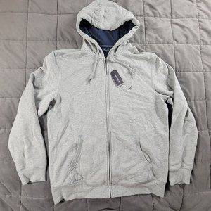 Nautica Mens Large Gray Full Zip Sweater Hooded Long Sleeve Warm Fleece